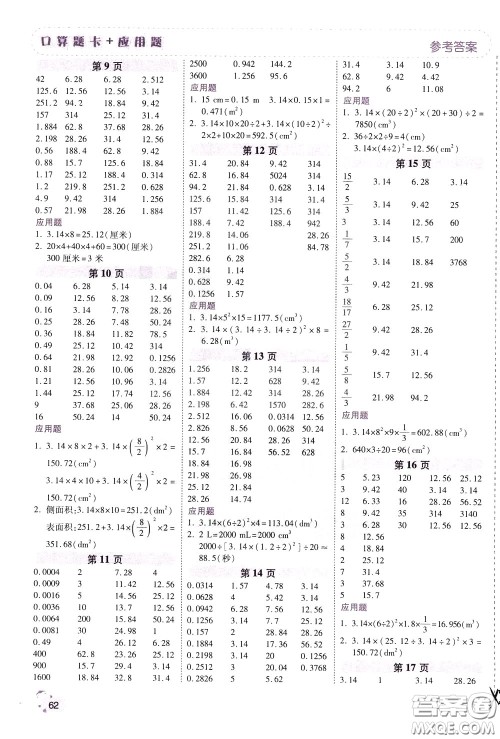 2020年倍速学习法口算题卡加应用题一日一练数学六年级下RJ人教版参考答案