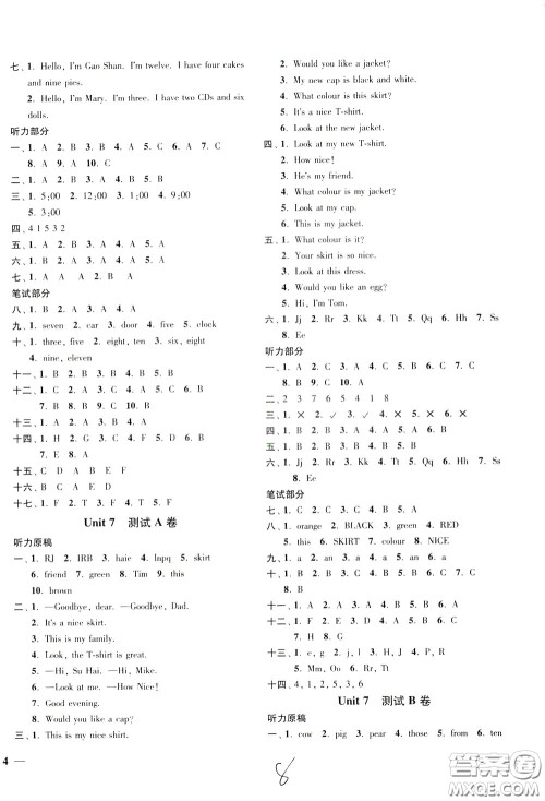 2020年名师点拨培优密卷英语三年级下江苏版参考答案