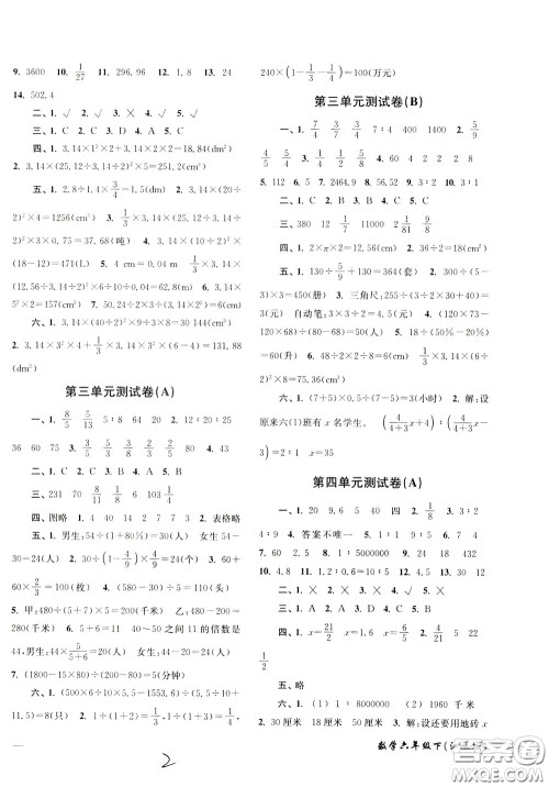 2020年名师点拨培优密卷数学六年级下江苏版参考答案