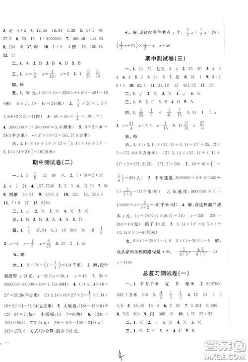 2020年名师点拨培优密卷数学六年级下江苏版参考答案