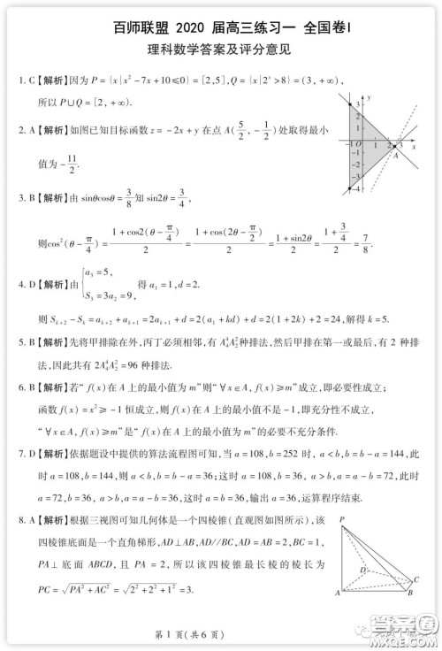 百师联盟2020届高三练习一全国卷I理科数学试题及答案 百师联盟2020届高三练习一全国卷I理科数学试题及答案