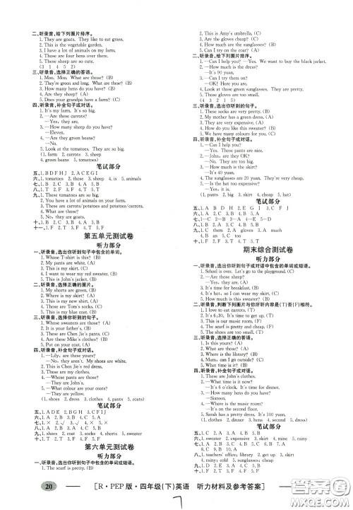 钟书金牌2020年非常1+1一课一练四年级下册英语RPEP版人教版参考答案