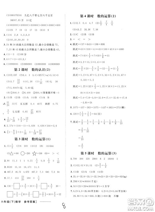 钟书金牌2020年非常1+1一课一练六年级下册数学R版人教版参考答案