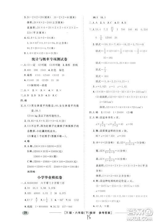 钟书金牌2020年非常1+1一课一练六年级下册数学R版人教版参考答案