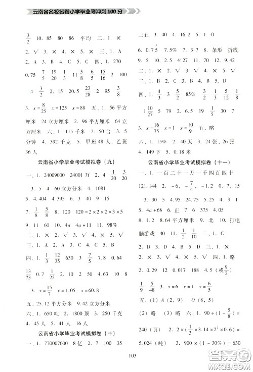 2020年云南省名校名卷小学毕业冲刺100分数学参考答案