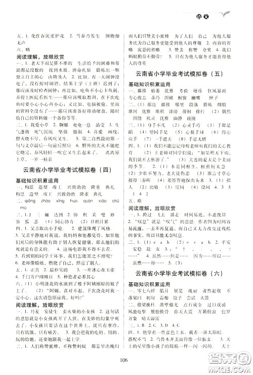 2020年云南省名校名卷小学毕业冲刺100分语文参考答案 2020年云南省名校名卷小学毕业冲刺100分语文参考答案