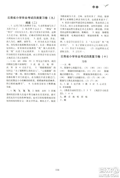 2020年云南省名校名卷小学毕业冲刺100分语文参考答案 2020年云南省名校名卷小学毕业冲刺100分语文参考答案