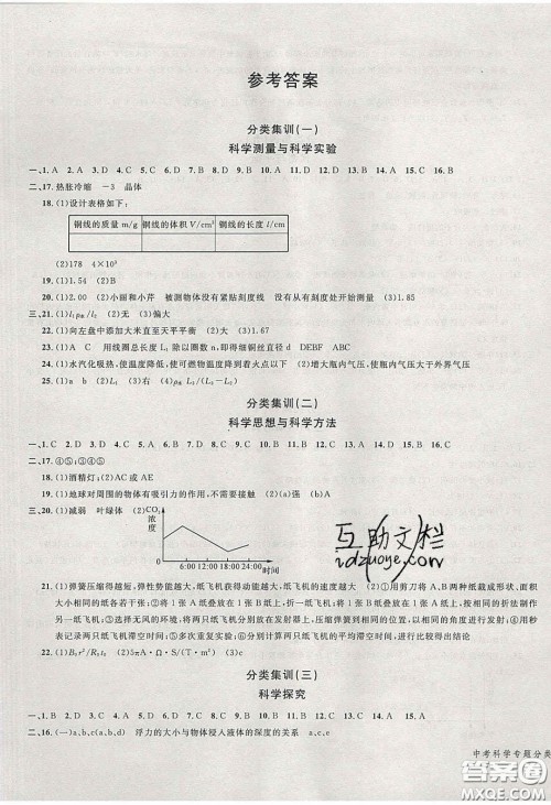 学而优2020中考专题分类集训科学答案 学而优2020中考专题分类集训科学答案