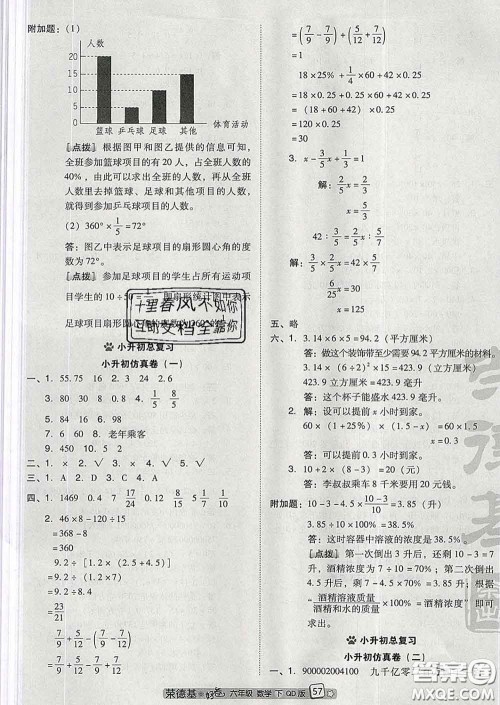 吉林教育出版社2020春季荣德基好卷六年级数学下册青岛版答案