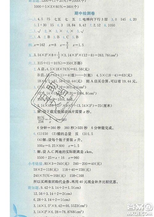 2020年黄冈小状元达标卷六年级数学下册人教版广东专版答案