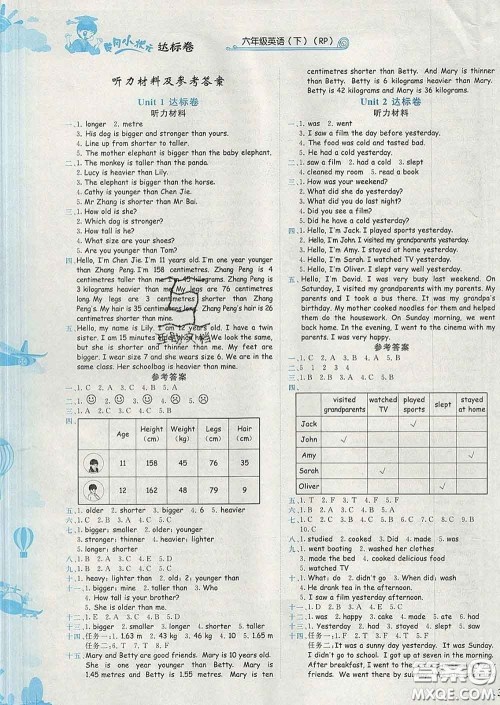 2020年黄冈小状元达标卷六年级英语下册人教版广东专版答案 2020年黄冈小状元达标卷六年级英语下册人教版广东专版答案