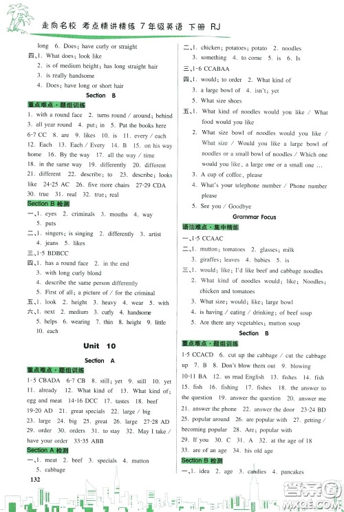 2020年走向名校考点精讲精练7年级英语下册RJ人教版参考答案