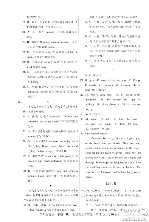 2020年走向名校考点精讲精练7年级英语下册RJ人教版参考答案