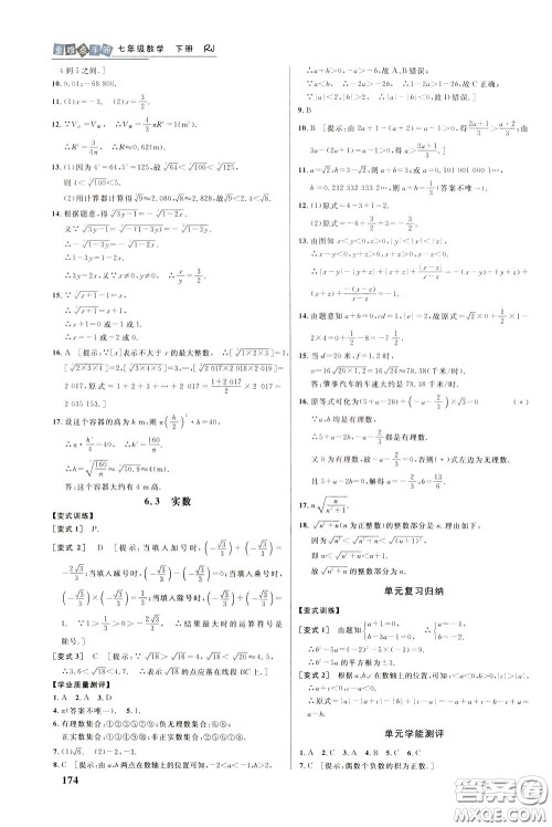 华中师范大学出版社2020年重难点手册七年级数学下册RJ人教版参考答案