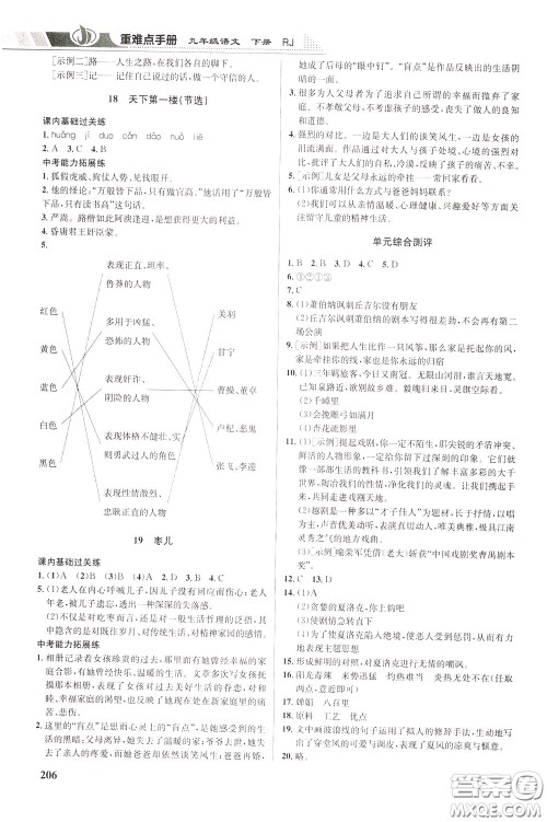 华中师范大学出版社2020年重难点手册九年级语文下册RJ人教版参考答案