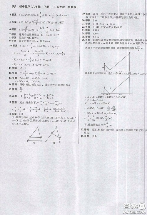 山东教育出版社2020义务教育教科书八年级数学下册鲁教版教材课后习题答案