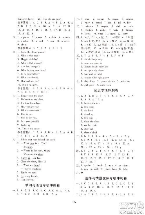 南京大学出版社2020年名师点拨期末冲刺满分卷三年级下册英语参考答案