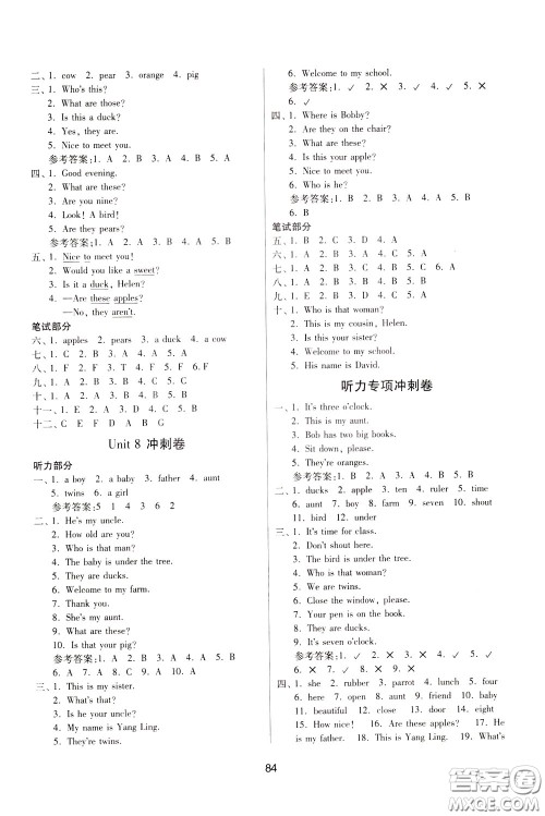 南京大学出版社2020年名师点拨期末冲刺满分卷三年级下册英语参考答案