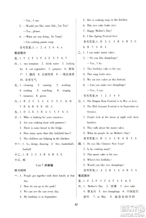 南京大学出版社2020年名师点拨期末冲刺满分卷五年级下册英语参考答案