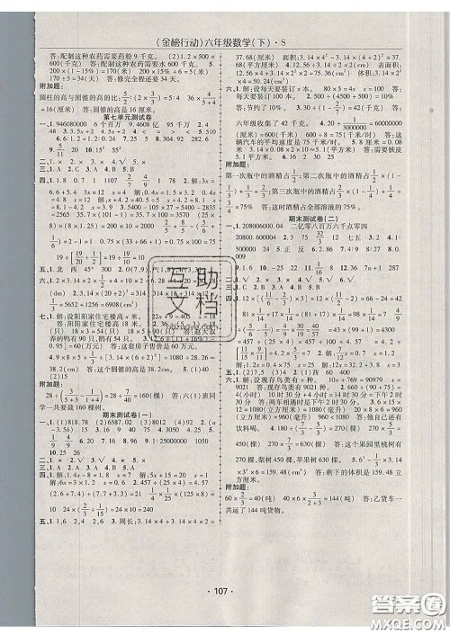 2020春金榜行动高效课堂助教型教辅六年级数学下册苏教版答案