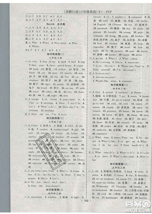 2020春金榜行动高效课堂助教型教辅六年级英语下册人教版答案 2020春金榜行动高效课堂助教型教辅六年级英语下册人教版答案