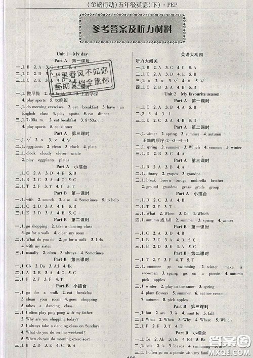 2020春金榜行动高效课堂助教型教辅五年级英语下册人教版答案 2020春金榜行动高效课堂助教型教辅五年级英语下册人教版答案