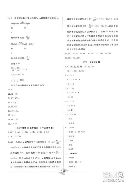 天津人民出版社2020年一飞冲天中考专项精品试题分类化学参考答案