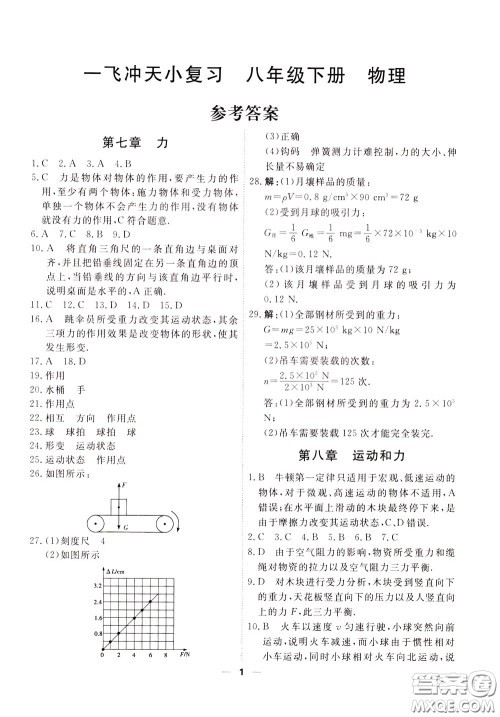2020年一飞冲天小复习八年级下册物理参考答案 2020年一飞冲天小复习八年级下册物理参考答案