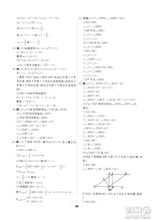 2020年一飞冲天小复习七年级下册数学参考答案 2020年一飞冲天小复习七年级下册数学参考答案