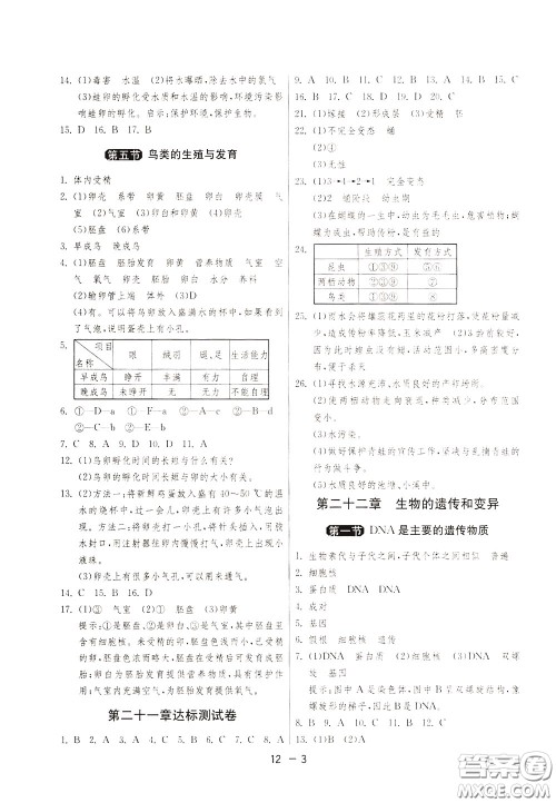 2020升级版1课3练单元达标测试生物学八年级下册JSJY江苏教育版参考答案