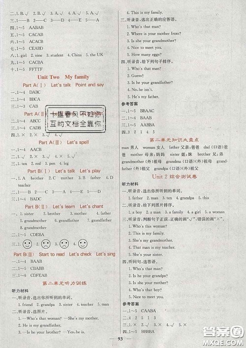 沈阳出版社2020春课堂点睛三年级英语下册人教版答案