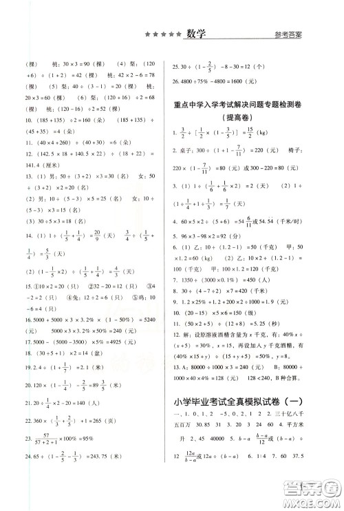 2020年小学毕业及重点中学入学考试总复习数学参考答案 2020年小学毕业及重点中学入学考试总复习数学参考答案