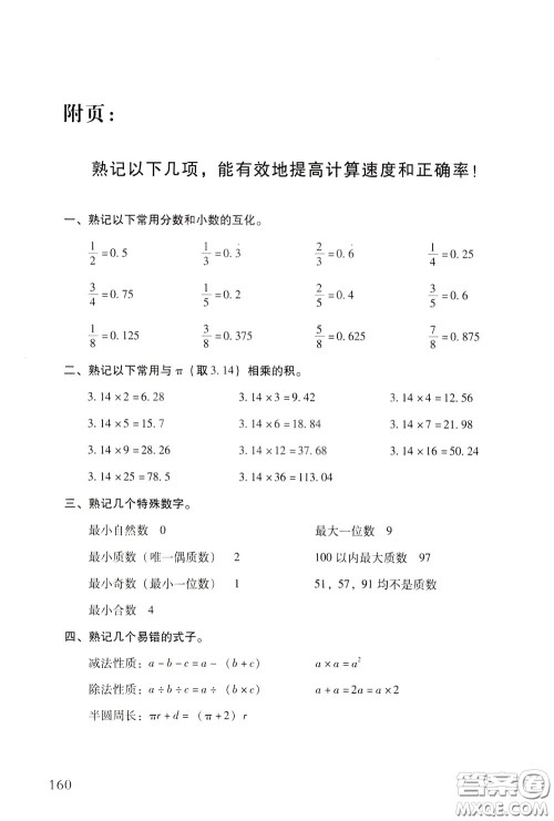 2020年小学毕业及重点中学入学考试总复习数学参考答案