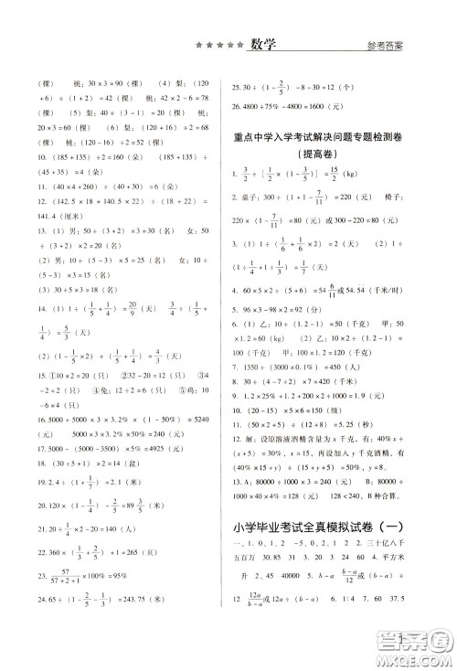 2020年小学毕业及重点中学入学考试总复习数学参考答案 2020年小学毕业及重点中学入学考试总复习数学参考答案