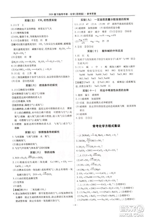 2020年昆明市初中学业水平考试复习指导手册化学参考答案