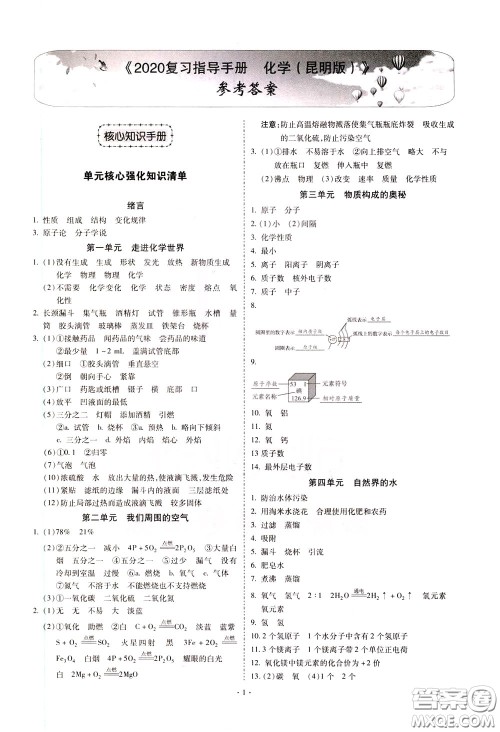 2020年昆明市初中学业水平考试复习指导手册化学参考答案