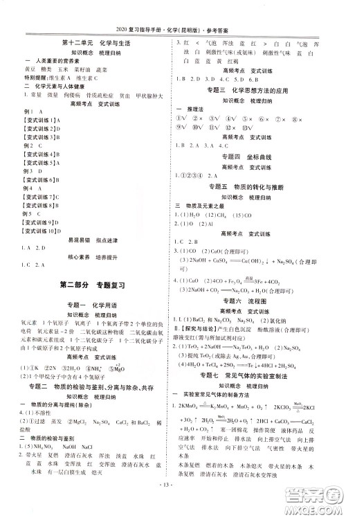 2020年昆明市初中学业水平考试复习指导手册化学参考答案