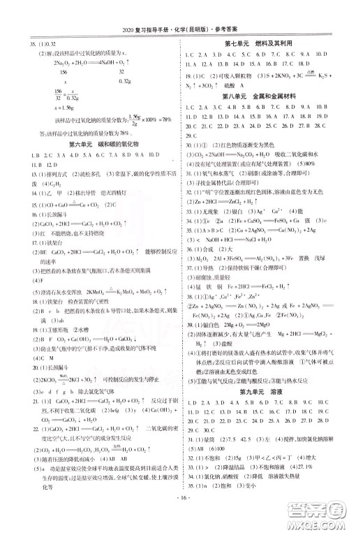 2020年昆明市初中学业水平考试复习指导手册化学参考答案