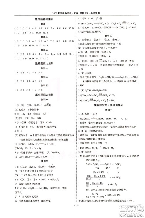 2020年昆明市初中学业水平考试复习指导手册化学参考答案