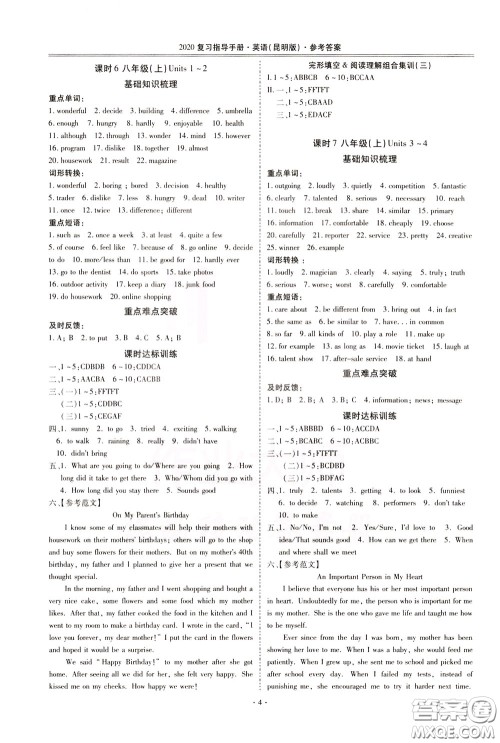 2020年昆明市初中学业水平考试复习指导手册英语参考答案 2020年昆明市初中学业水平考试复习指导手册英语参考答案