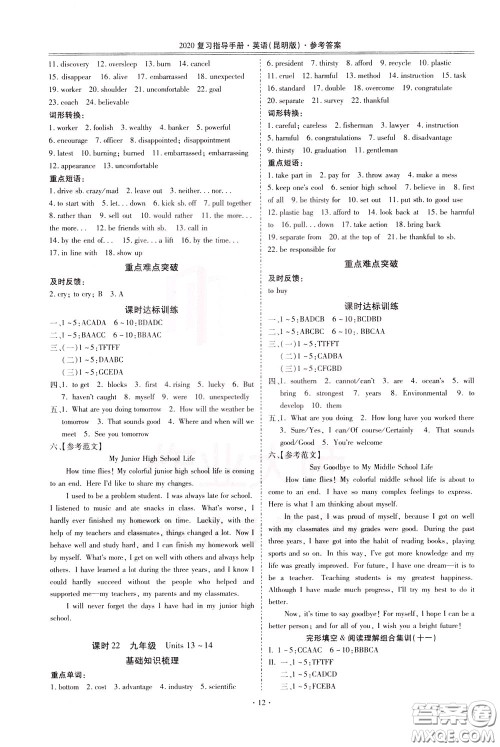2020年昆明市初中学业水平考试复习指导手册英语参考答案 2020年昆明市初中学业水平考试复习指导手册英语参考答案
