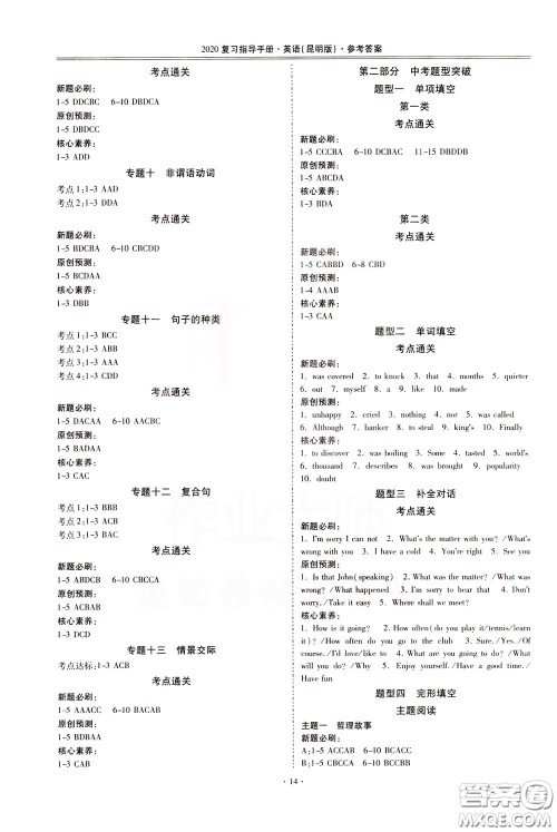 2020年昆明市初中学业水平考试复习指导手册英语参考答案 2020年昆明市初中学业水平考试复习指导手册英语参考答案