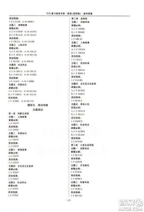 2020年昆明市初中学业水平考试复习指导手册英语参考答案