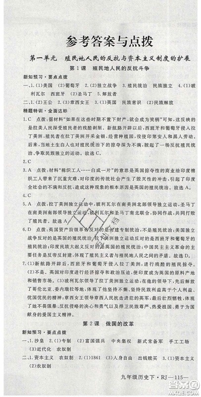 延边大学出版2020优翼学练优九年级历史下册人教版答案