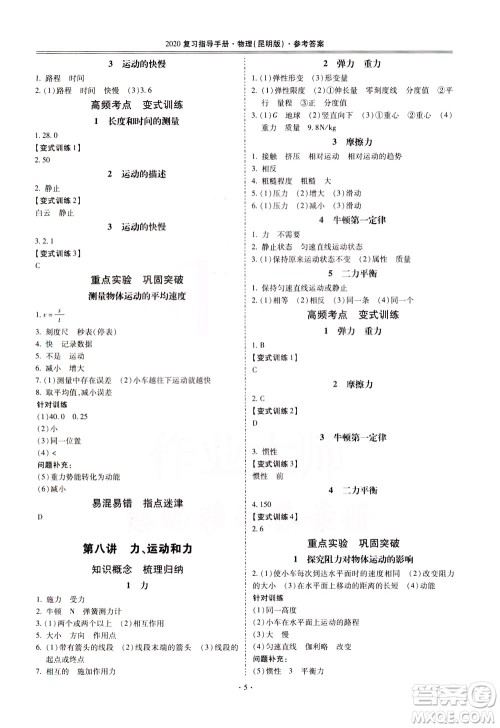 2020年昆明市初中学业水平考试复习指导手册物理参考答案