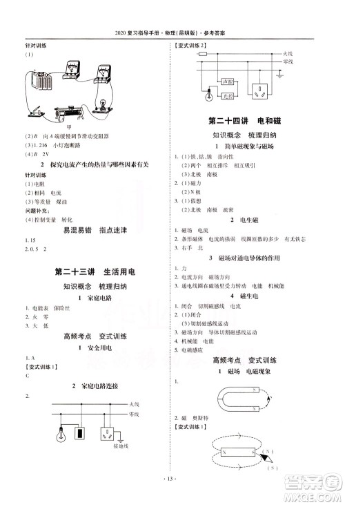 2020年昆明市初中学业水平考试复习指导手册物理参考答案