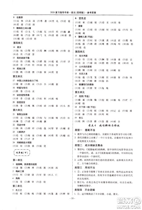 2020年昆明市初中学业水平考试复习指导手册语文考点复习参考答案