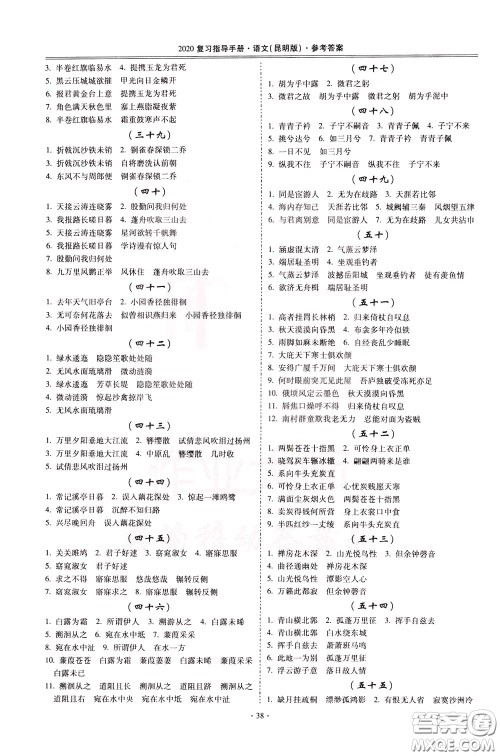 2020年昆明市初中学业水平考试复习指导手册语文考点复习参考答案