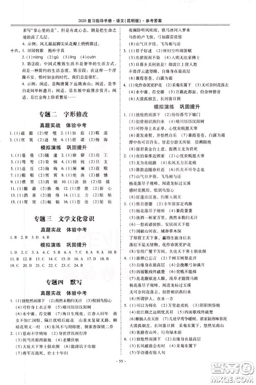 2020年昆明市初中学业水平考试复习指导手册语文考点复习参考答案