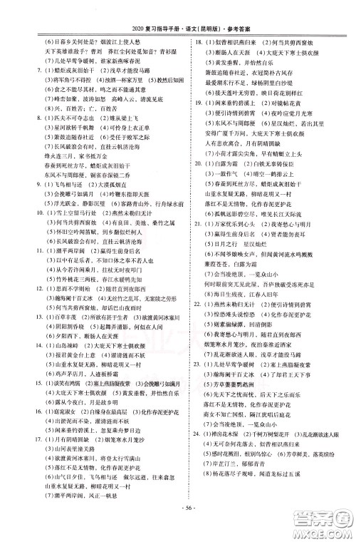 2020年昆明市初中学业水平考试复习指导手册语文考点复习参考答案